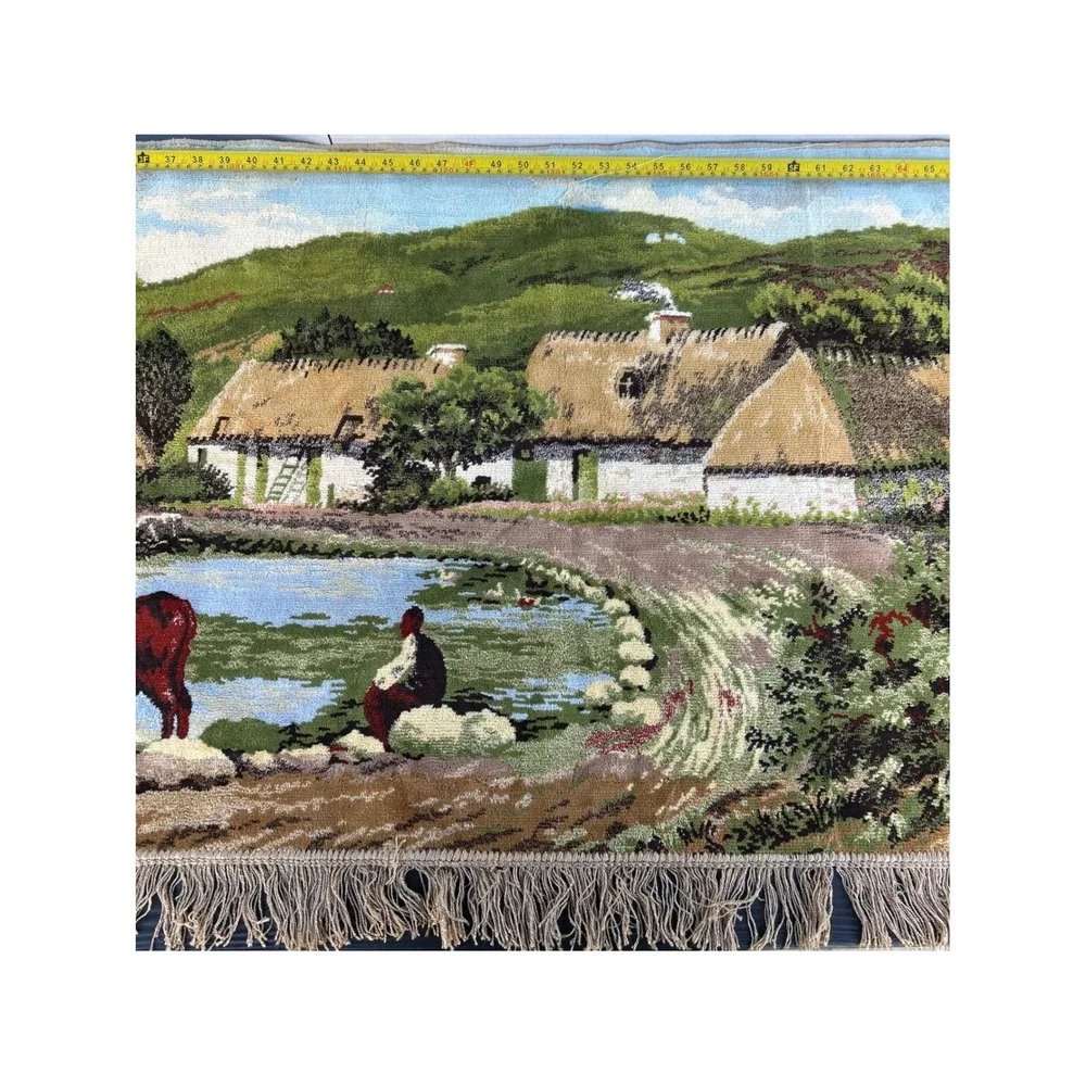 Vintage Scenic Tapestry Wall Hanging Cows River Thatch Roof Cottages‎ Fringe